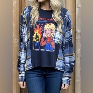 Blue Plaid Graphic Long Sleeve Tee